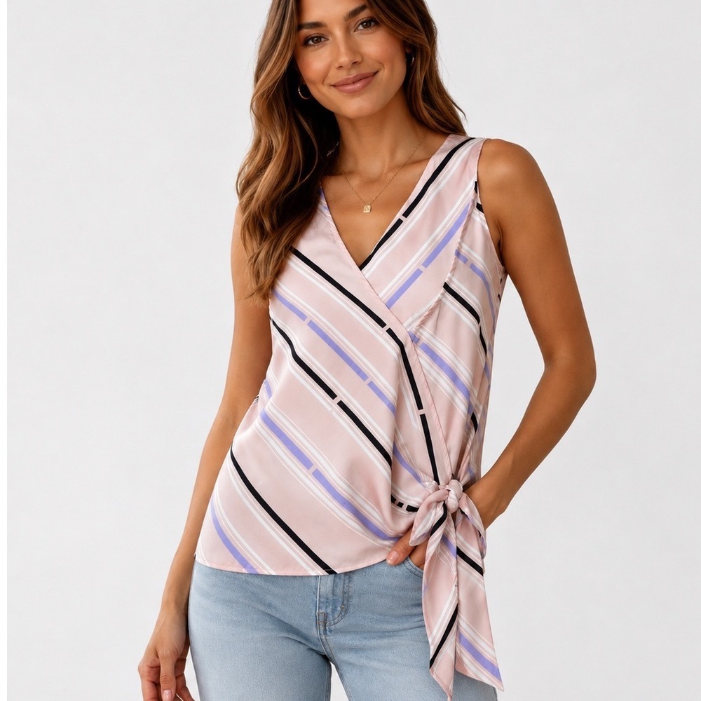 Lush Pink Striped Surplice V-Neck Sleeveless Side Tie Knot Blouse Top Small‎ NWT